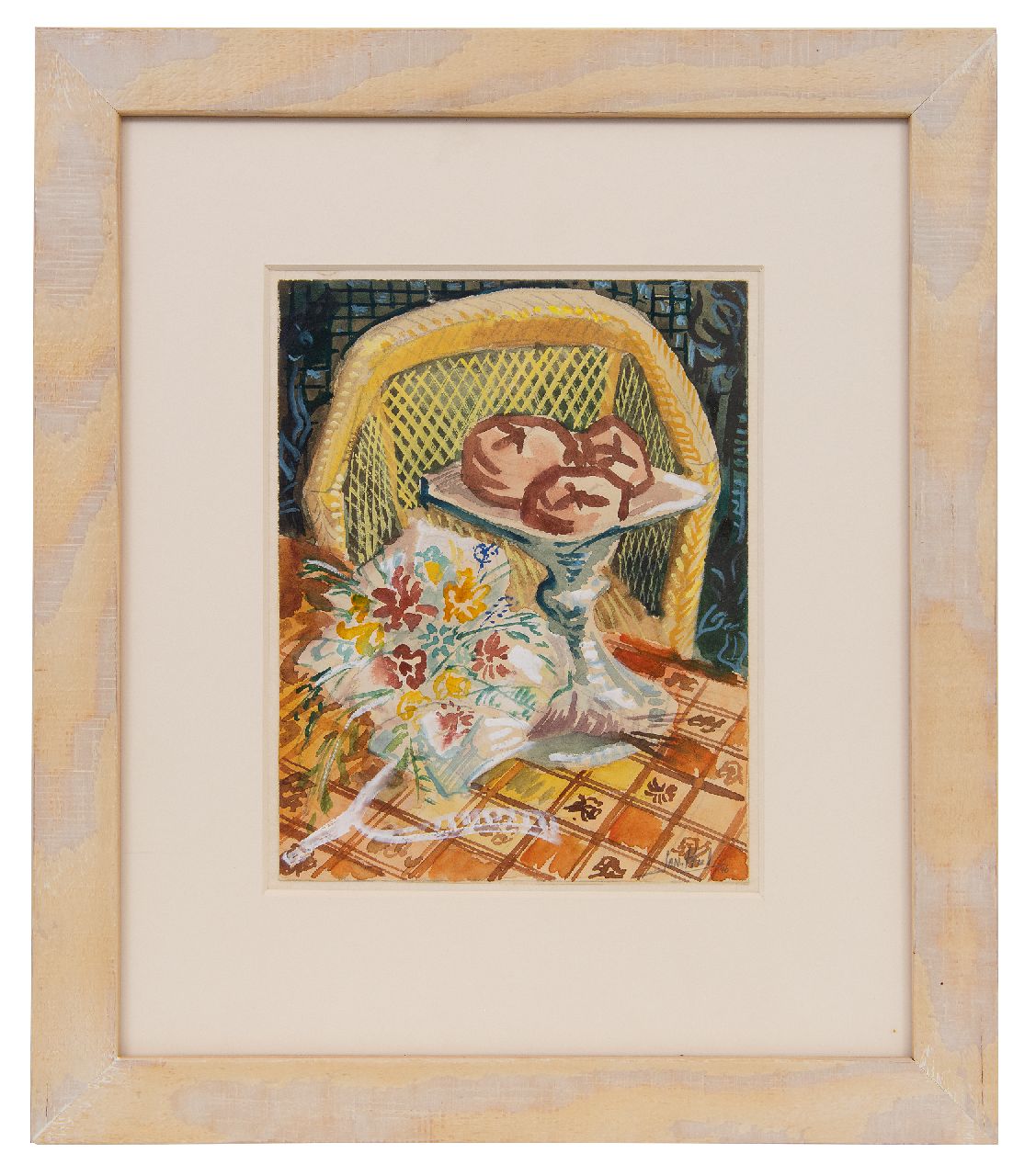 Hul J.M.F.  | Johannes 'Jan' Mathias Franciscus Hul | Aquarelle und Zeichnungen zum Verkauf angeboten | Stilleben mit Strauss und Schale mit Windbeuteln, Aquarell auf Papier 18,7 x 14,6 cm, Unterzeichnet u.r. und datiert '46