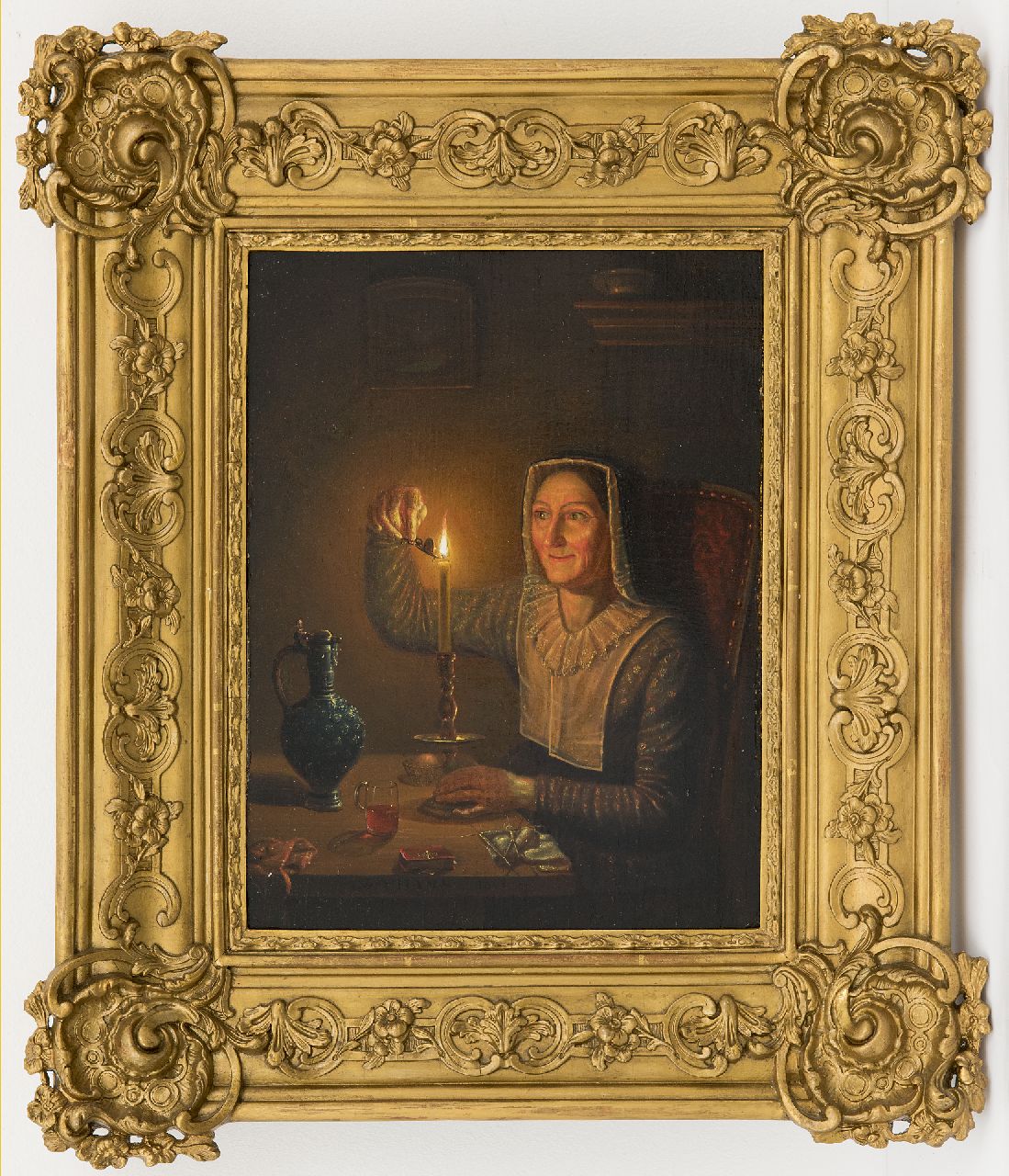 Thans W.  | Willem Thans | Gemälde zum Verkauf angeboten | Frau mit Kerze, Öl auf Holz 29,7 x 22,4 cm, Unterzeichnet u.M.am Tischrand und datiert 1850