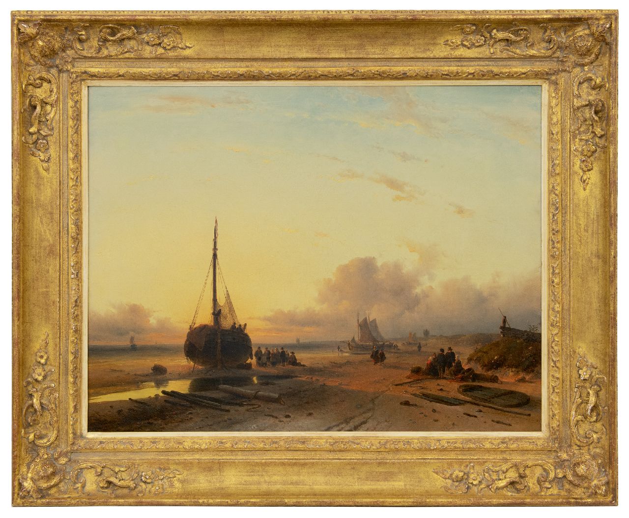 Leickert C.H.J.  | 'Charles' Henri Joseph Leickert, 'Bomschiffe' auf dem Strand bei untergehender Sonne, Öl auf Leinwand 58,0 x 75,0 cm, Unterzeichnet r.u. und datiert 'London' 1845