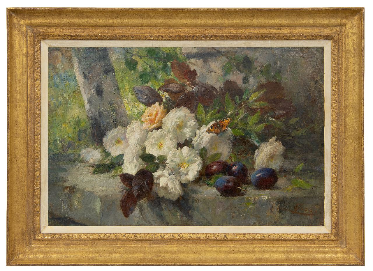 Joors E.  | Eugeen Joors | Gemälde zum Verkauf angeboten | Stilleben mit Rosen, Obst und einem Schmetterling, Öl auf Leinwand 48,5 x 73,8 cm, Unterzeichnet u.r.