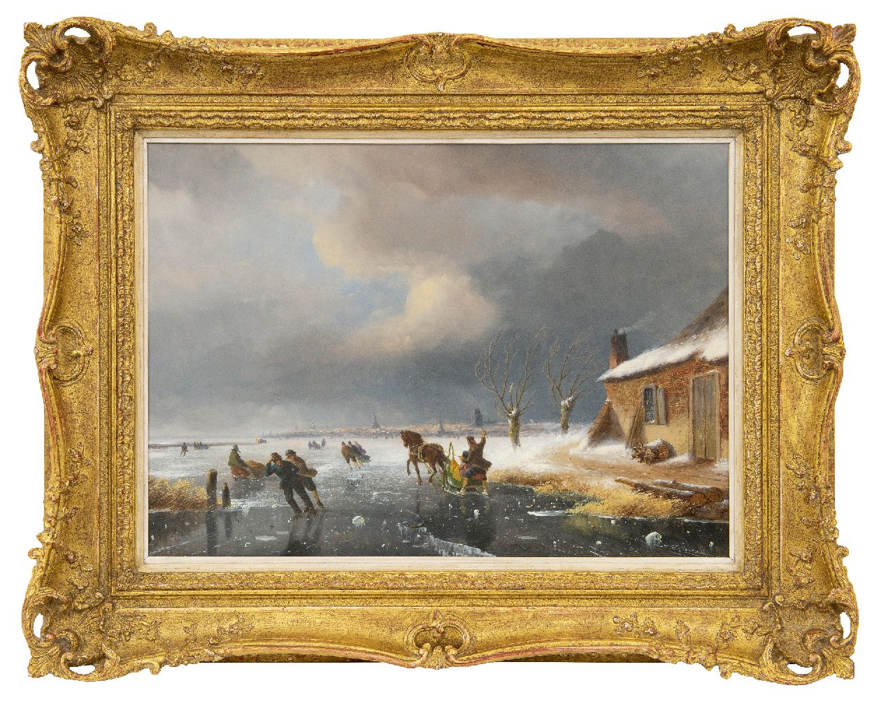 Roosenboom N.J.  | Nicolaas Johannes Roosenboom | Gemälde zum Verkauf angeboten | Schlittschuhläufer auf zugefrorenem  Fluss mit einer Stadt in der Ferne, Öl auf Holz 36,1 x 50,0 cm, Unterzeichnet u.r.