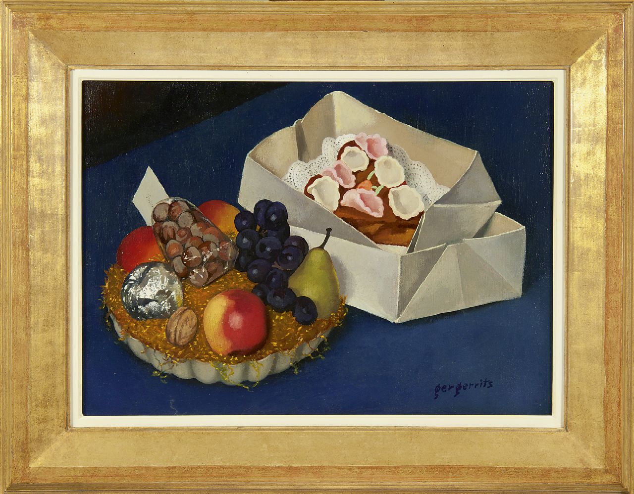 Gerrits G.J.  | Gerrit Jacobus 'Ger' Gerrits | Gemälde zum Verkauf angeboten | Stilleben von Obstkorb und Kuchen, Öl auf Leinwand 36,2 x 50,2 cm, Unterzeichnet u.r. und zu datieren Mai 1944