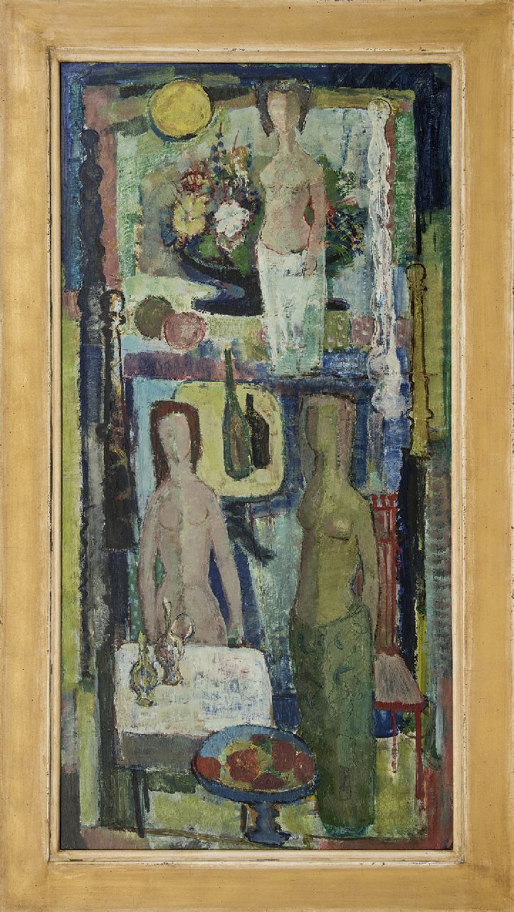 Goené M.A.G.  | Marinus Adrianus George 'Rien' Goené, Innenraum mit Figuren, Öl auf Malereifaser 122,1 x 60,8 cm, Unterzeichnet im Verso