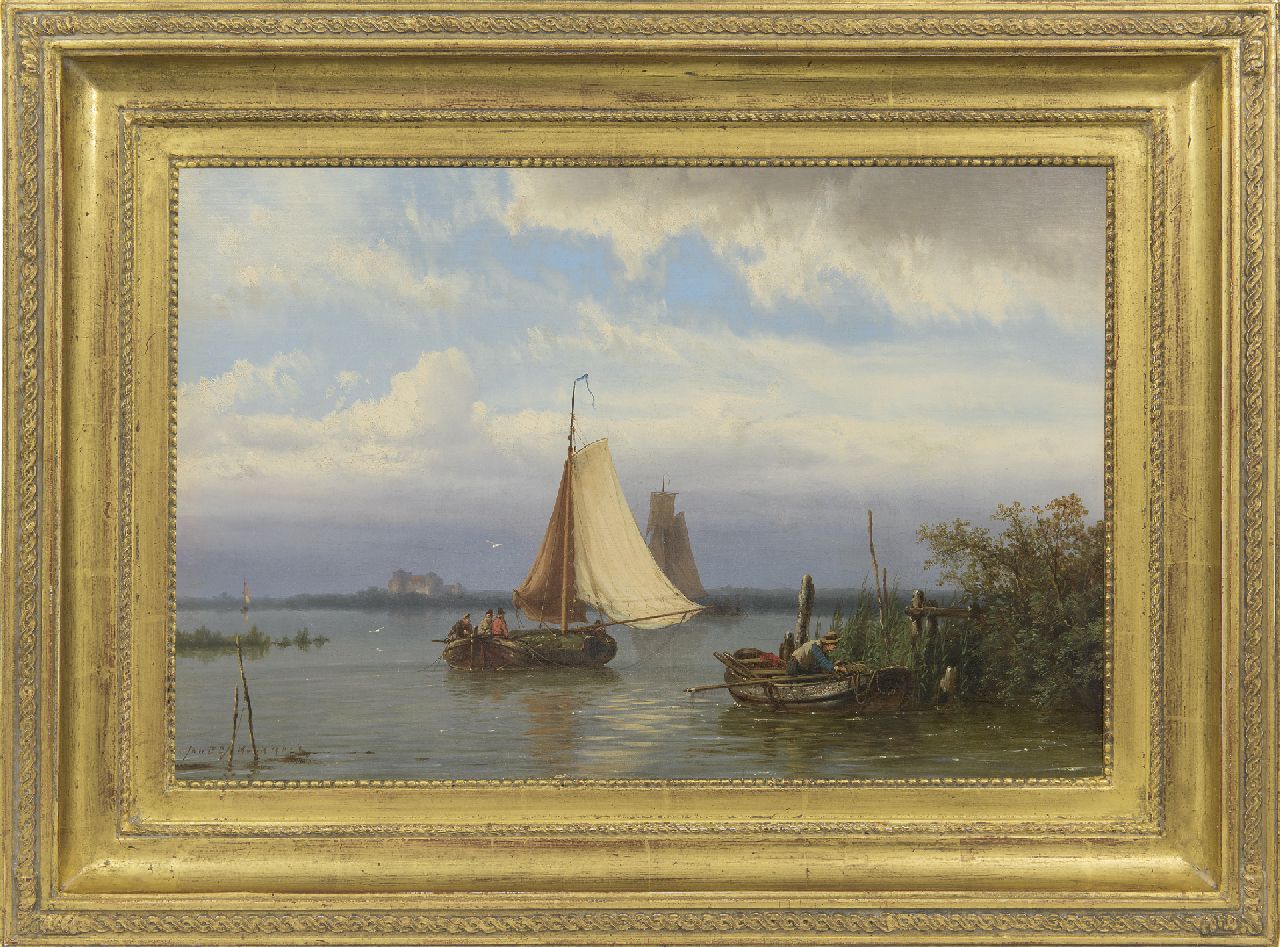 Koekkoek J.H.B.  | Johannes Hermanus Barend 'Jan H.B.' Koekkoek, Schiffe auf einem Fluss bei ruhigem Wetter, Öl auf Leinwand 31,4 x 47,3 cm, Unterzeichnet u.l.