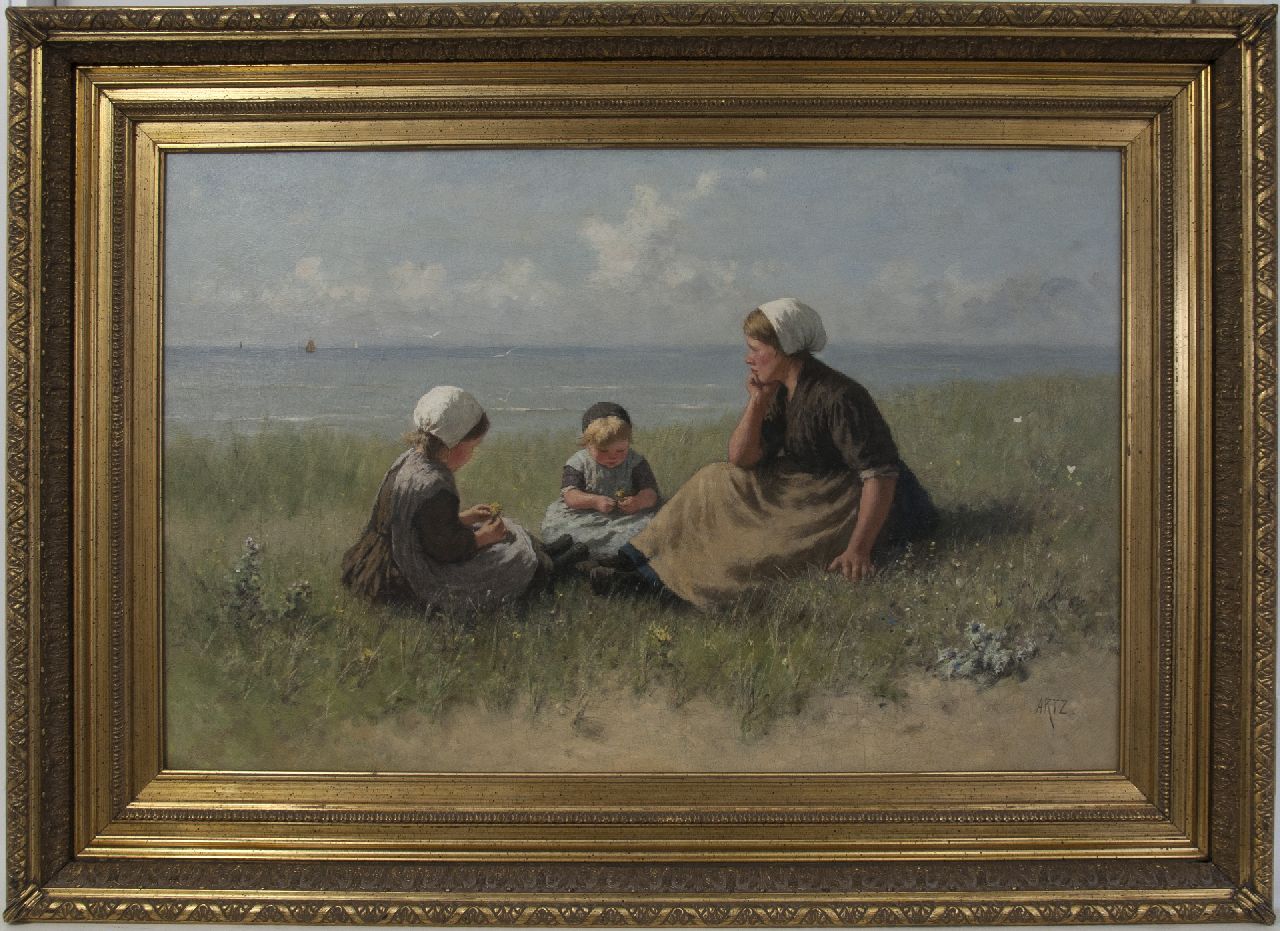 Artz D.A.C.  | David Adolphe Constant Artz, Fischerfrau mit ihren Kindern in den Dünen, Öl auf Leinwand 60,3 x 90,2 cm, Unterzeichnet u.r.