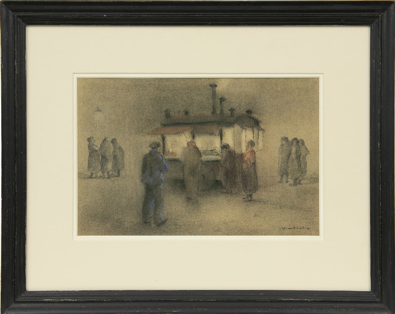 Korthals J.  | Johannes 'Jan' Korthals, An der Pommesbude, Bleistift und Kreide auf Papier 29,3 x 39,5 cm, Unterzeichnet u.r.