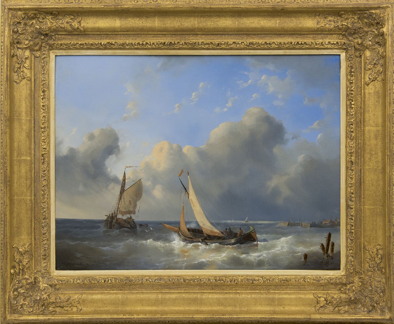 Hilleveld A.D.  | Adrianus David Hilleveld, Kreuzende Segelboote vor einem Hafeneingang, Öl auf Holz 42,5 x 56,5 cm, Unterzeichnet u.l. und u.r. und datiert '54