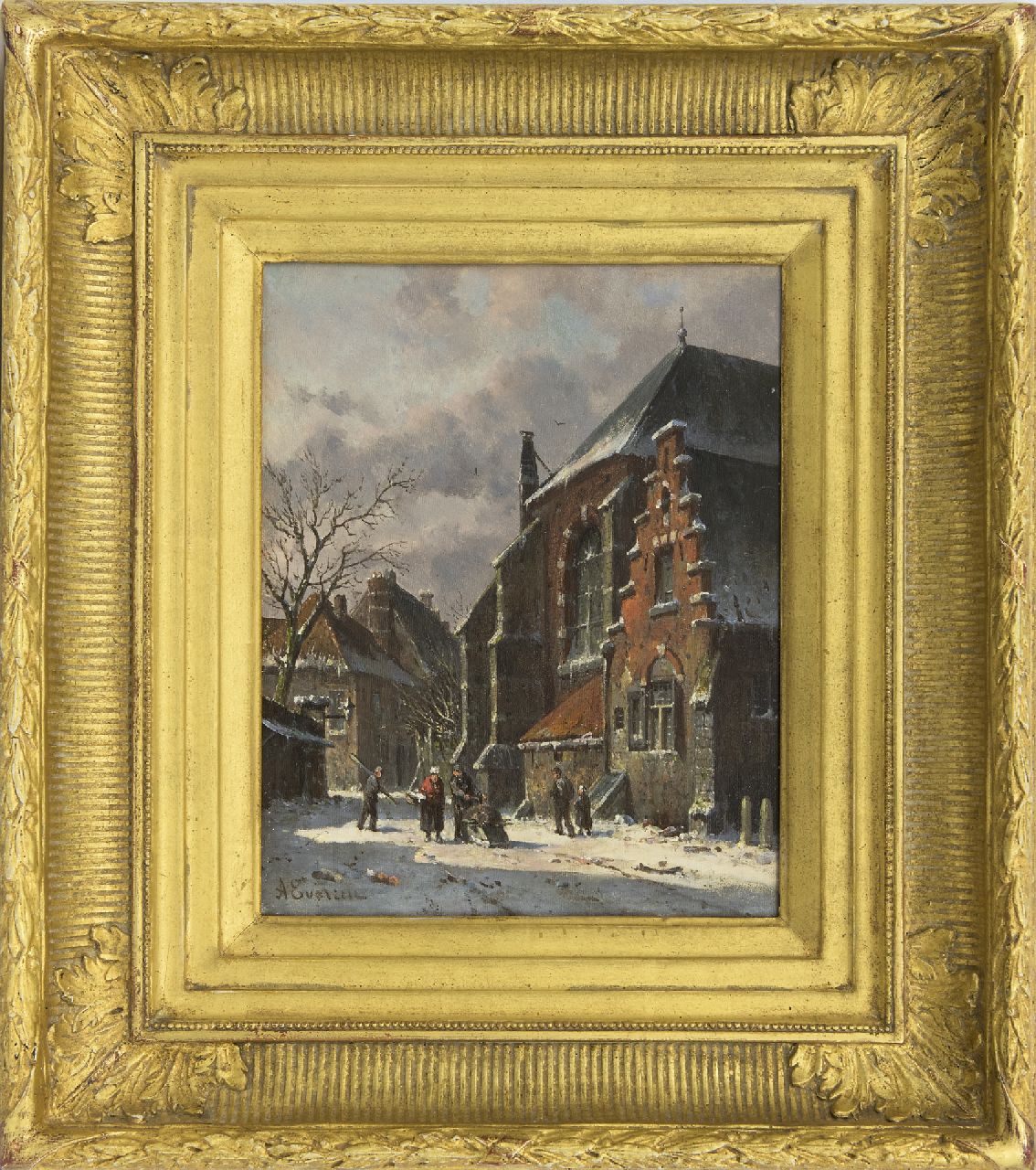 Eversen A.  | Adrianus Eversen, Winterliche Stadtansicht mit Figuren, Öl auf Holz 25,0 x 19,5 cm, Unterzeichnet u.l.