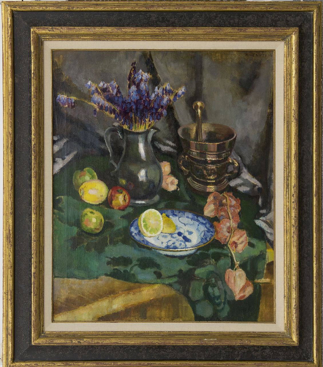Santen A.J. van | Anna Jacoba 'Hans' van Santen, Stilleben mit Blumen, Zitronen und Mörser, Öl auf Leinwand 62,0 x 75,0 cm, Unterzeichnet o.r.