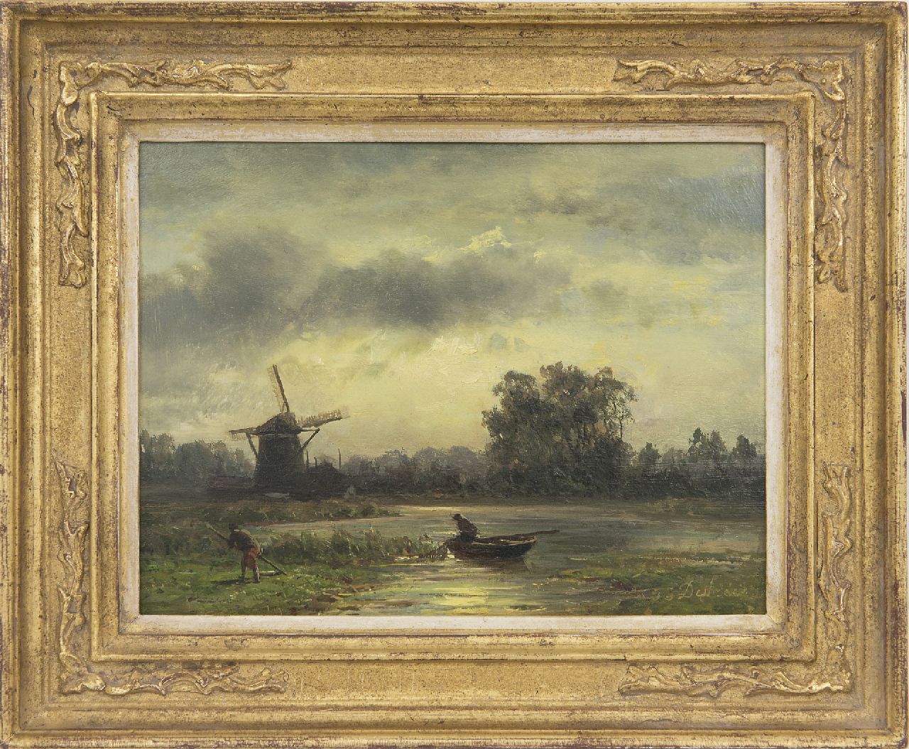 Destrée J.J.  | Johannes Josephus Destrée, Landschaft mit mähendem Bauern und Fischer bei einer Mühle, Öl auf Holz 14,2 x 18,6 cm, Unterzeichnet u.r.