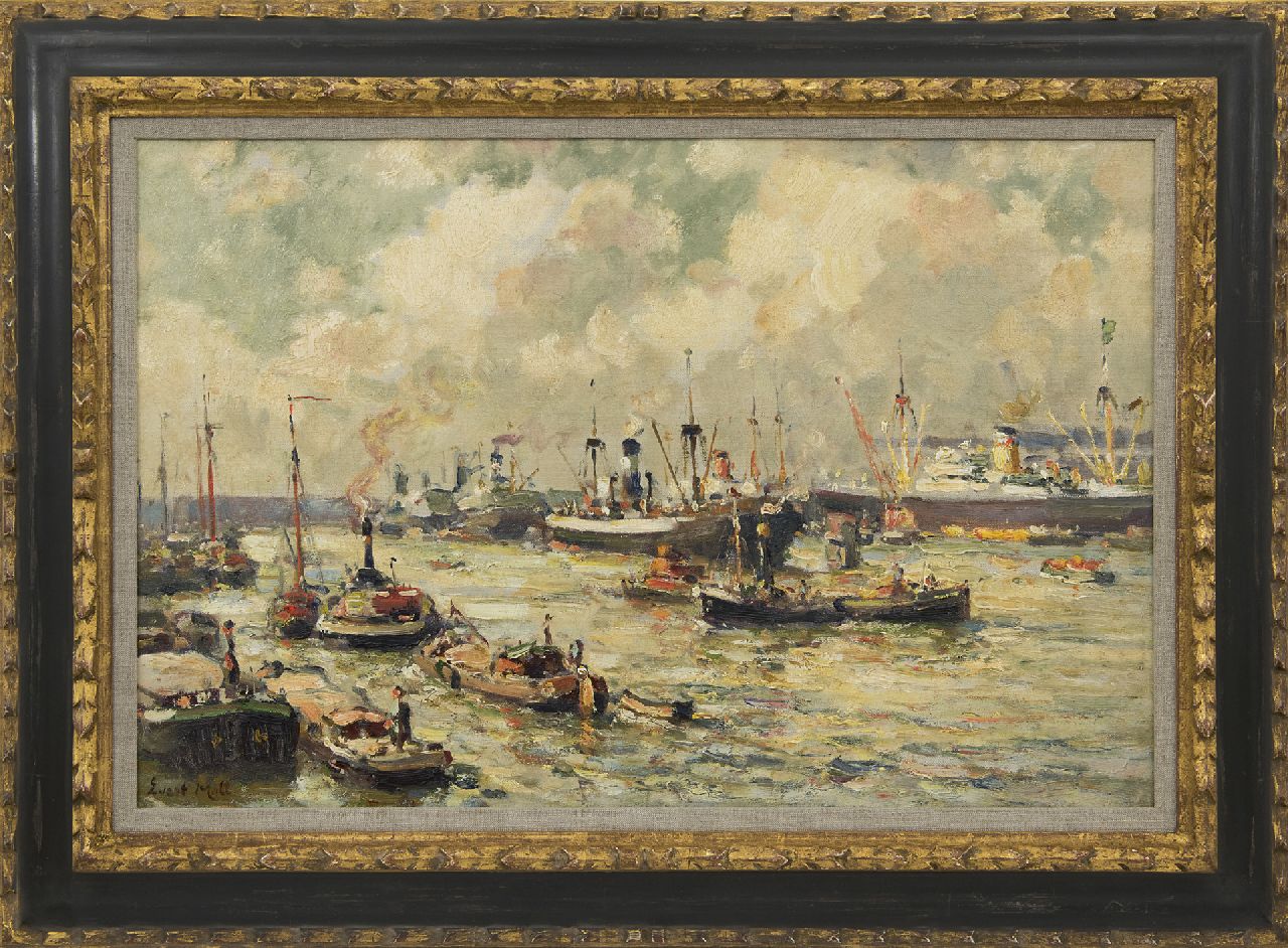 Moll E.  | Evert Moll | Gemälde zum Verkauf angeboten | Lebhafter Hafen von Rotterdam, Öl auf Leinwand 40,1 x 60,5 cm, Unterzeichnet u.l.