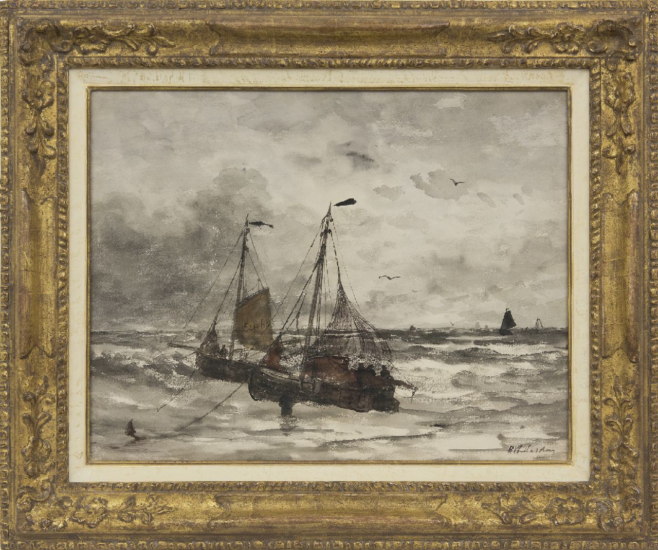 Mesdag H.W.  | Hendrik Willem Mesdag, Fischerboote vor Anker in der Brandung, Aquarell auf Papier 45,0 x 57,7 cm, Unterzeichnet u.r.