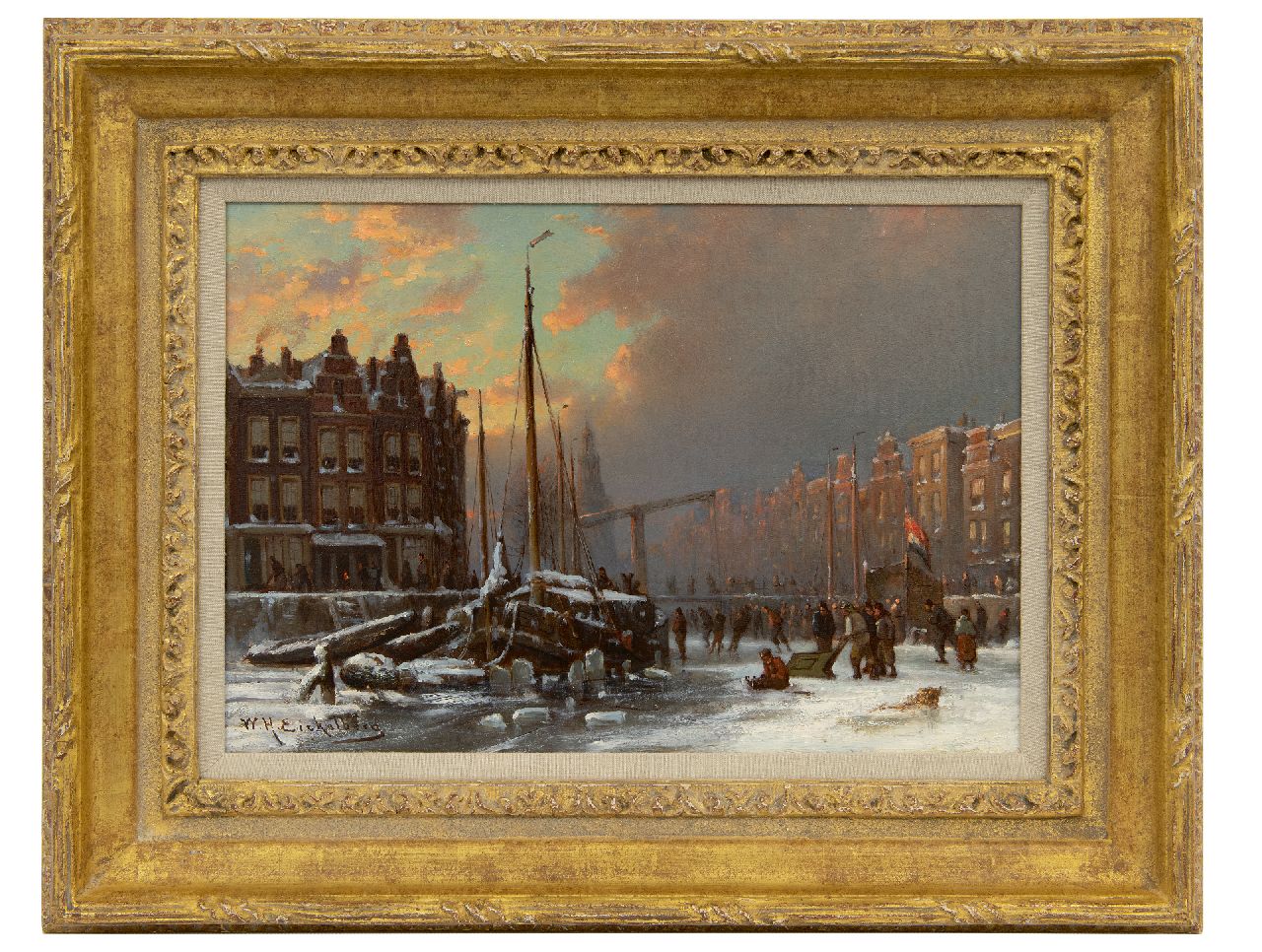 Eickelberg W.H.  | Willem Hendrik Eickelberg | Gemälde zum Verkauf angeboten | Vergnügen auf dem Eis auf Amsterdamer Gracht, Öl auf Holz 26,8 x 38,2 cm, Unterzeichnet u.l. und zu datieren nach 1904