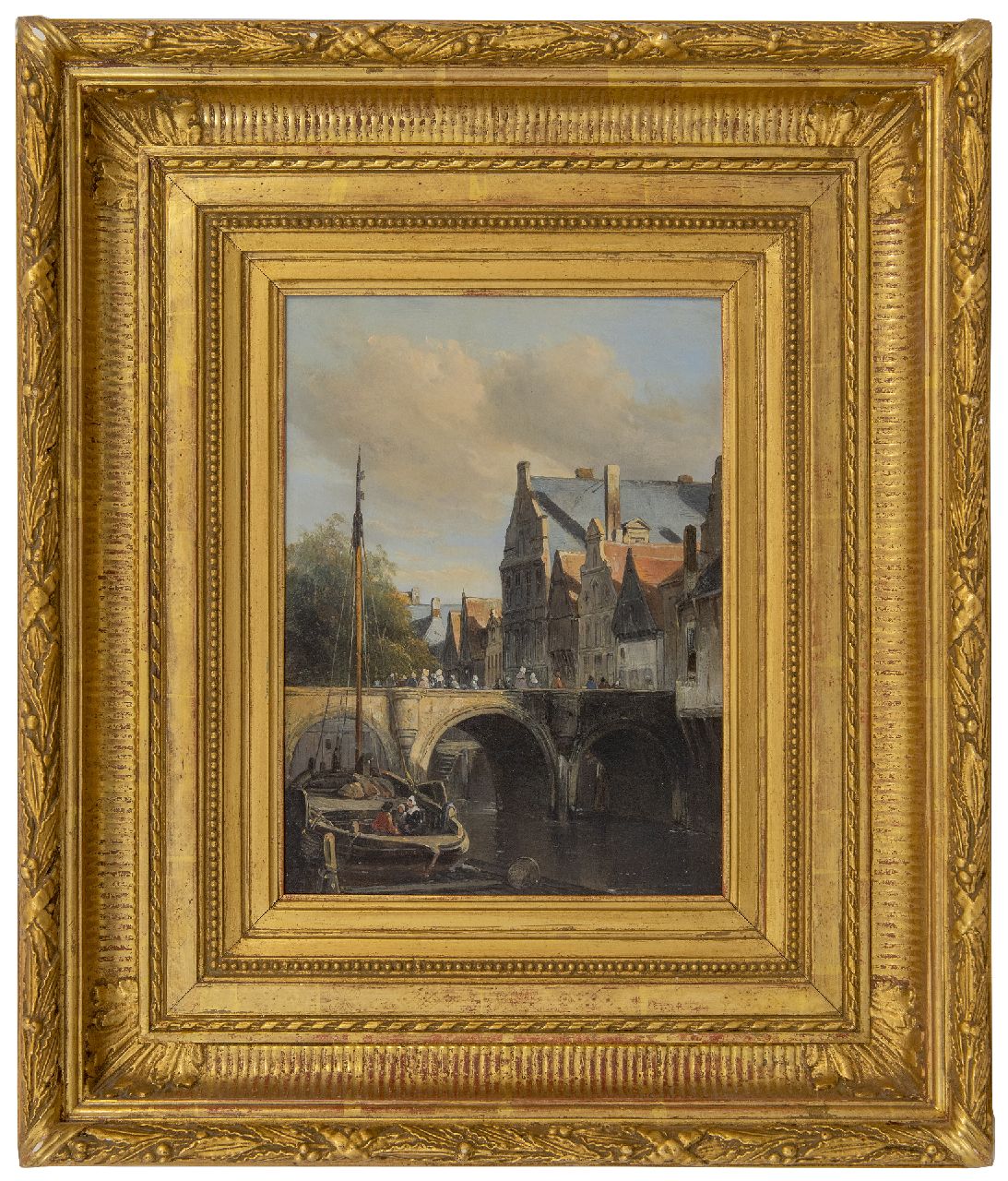 Waldorp A.  | Antonie Waldorp | Gemälde zum Verkauf angeboten | Stadtkanal mit angelegtem Botter, Öl auf Holz 29,8 x 22,0 cm, Unterzeichnet u.l. auf dem Heck des Schiffes