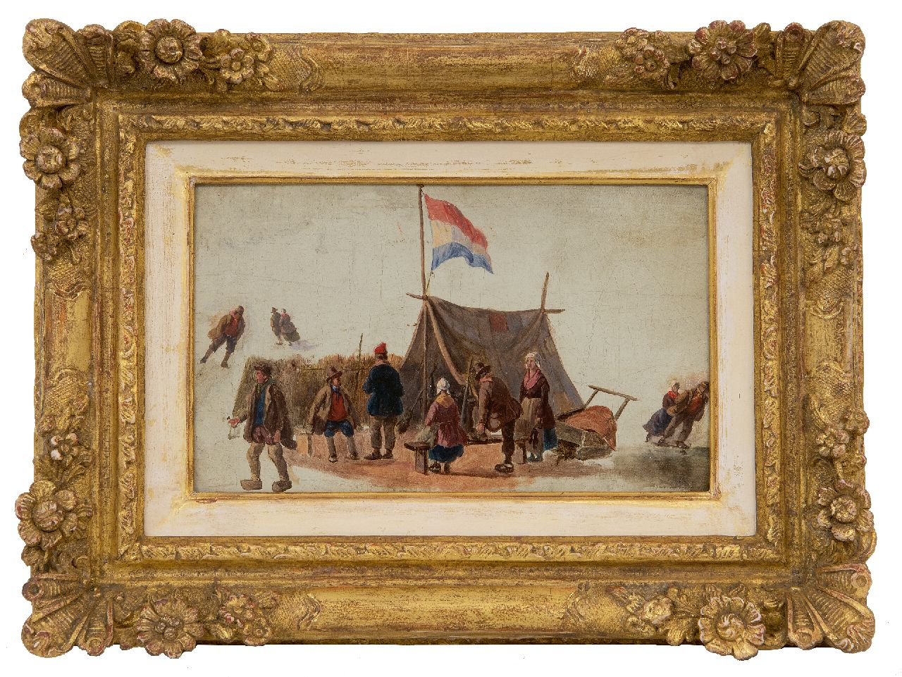 Schelfhout A.  | Andreas Schelfhout, Schlittschuhläufer bei einem Zelt, Öl auf Leinwand, auf Pappe 13,2 x 21,1 cm