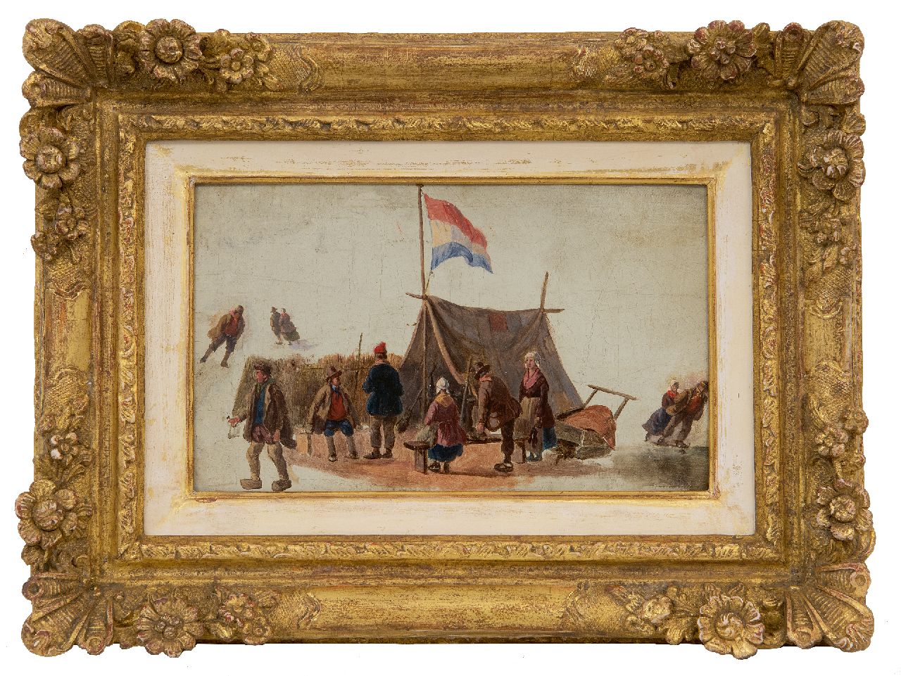 Schelfhout A.  | Andreas Schelfhout | Gemälde zum Verkauf angeboten | Schlittschuhläufer bei einem Zelt, Öl auf Leinwand, auf Pappe 13,2 x 21,1 cm