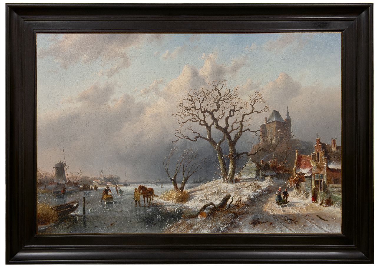 Leickert C.H.J.  | 'Charles' Henri Joseph Leickert, Winterlandschaft mit Schlittschuhläufern und Landleuten auf einem Weg, Öl auf Leinwand 80,0 x 120,8 cm, Unterzeichnet u.l.