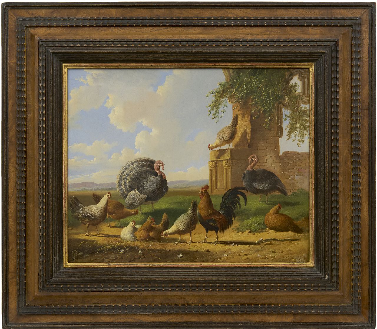 Verhoesen A.  | Albertus Verhoesen | Gemälde zum Verkauf angeboten | Truthühner und Federvieh in einer Landschaft, Öl auf Holz 30,5 x 37,6 cm, Unterzeichnet l.u. und datiert 1870