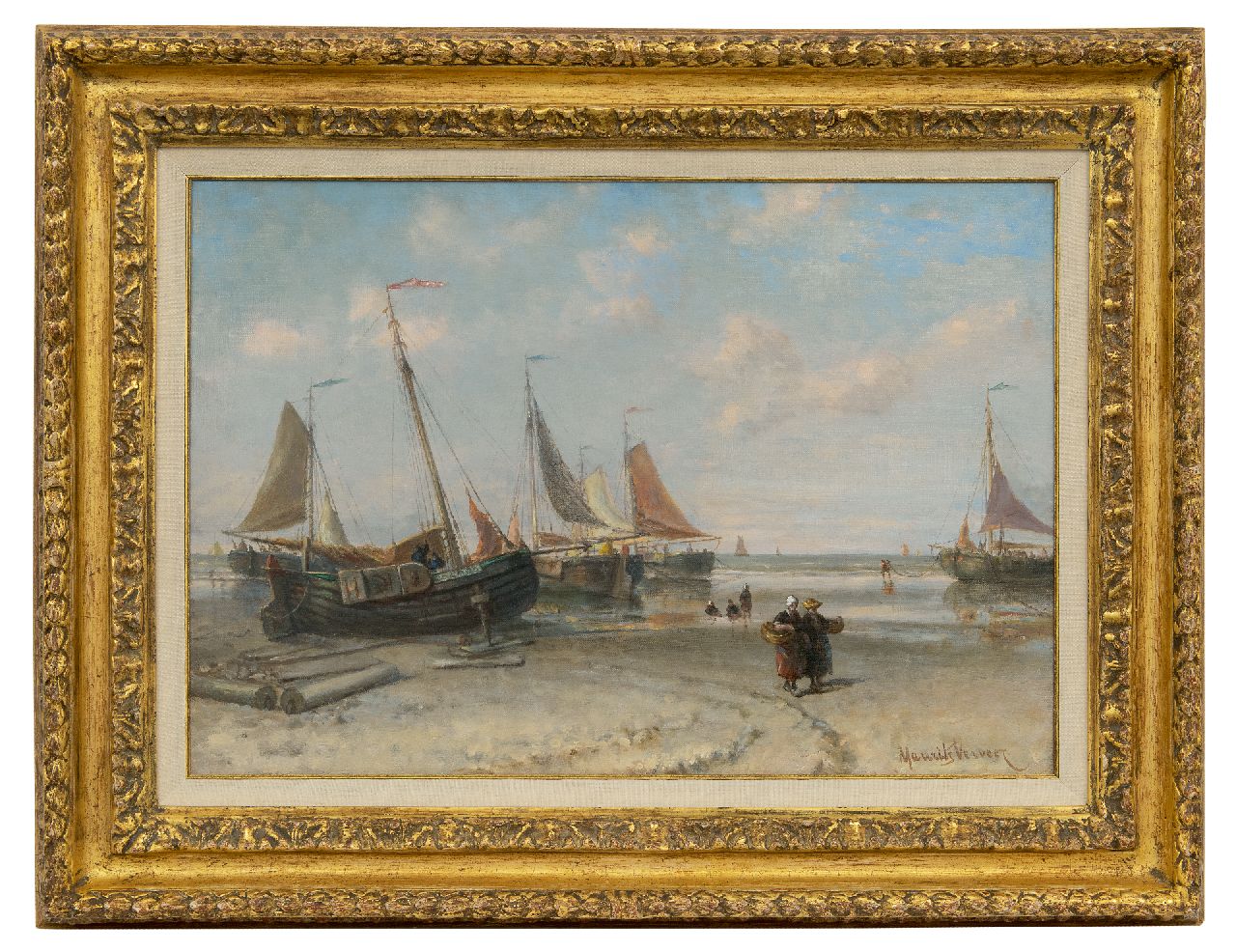 Verveer M.L.  | Mozes Leonardus 'Maurits' Verveer | Gemälde zum Verkauf angeboten | Fischerfrauen bei Barken an der Strandlinie, Öl auf Leinwand 38,8 x 54,9 cm, Unterzeichnet r.u. und im Verso