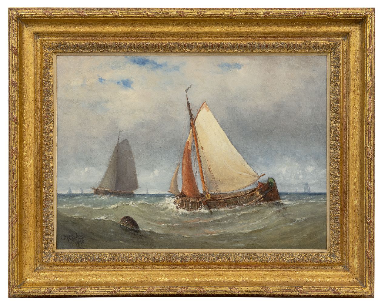 Schütz W.J.  | Willem Johannes Schütz, Kreuzendes Segelboot, Öl auf Leinwand 42,1 x 58,7 cm, Unterzeichnet l.u. und datiert 1878