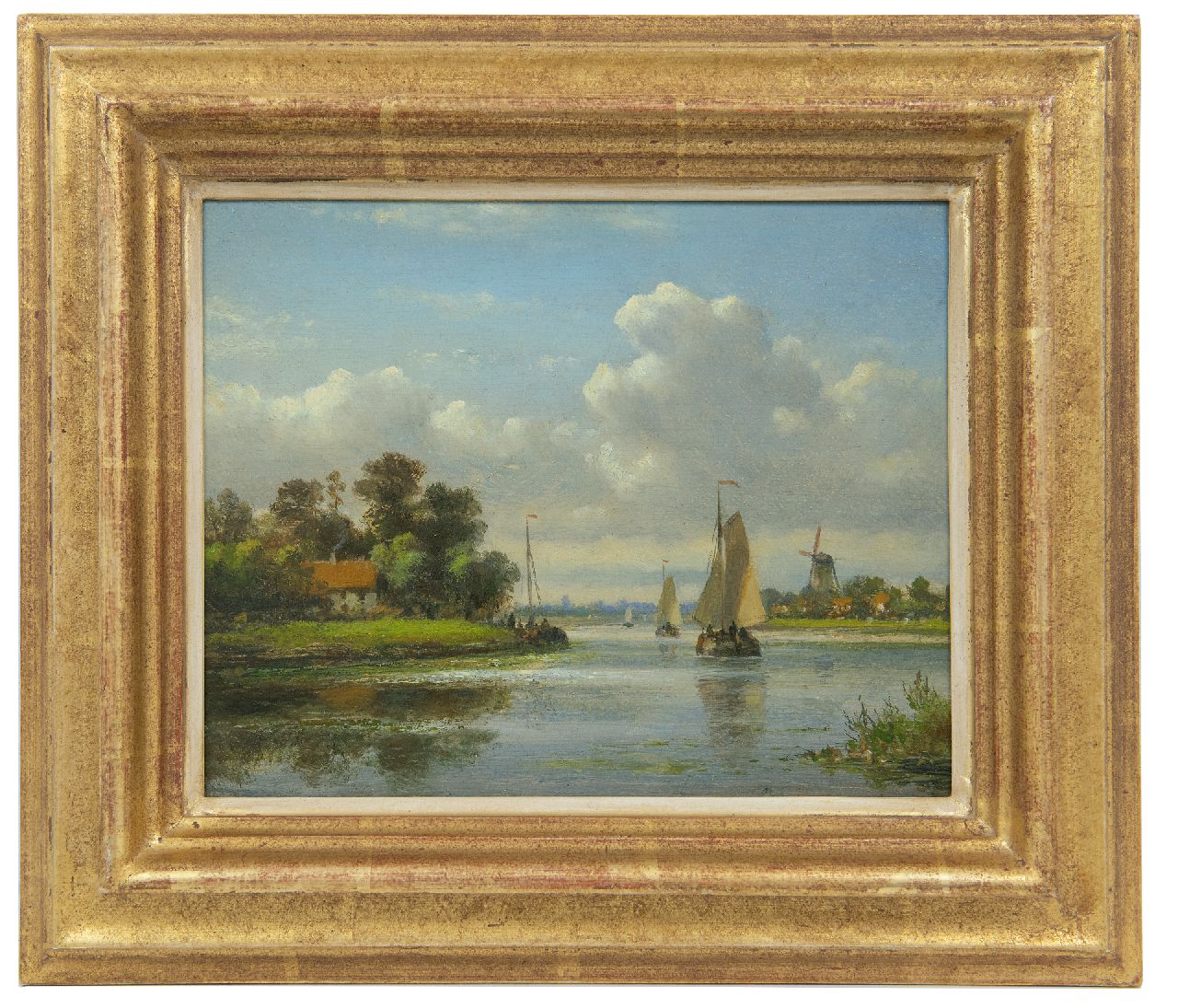 Kleijn L.J.  | Lodewijk Johannes Kleijn, Sommerliche Flussansicht mit Segelschiffen, Öl auf Holz 16,9 x 20,9 cm