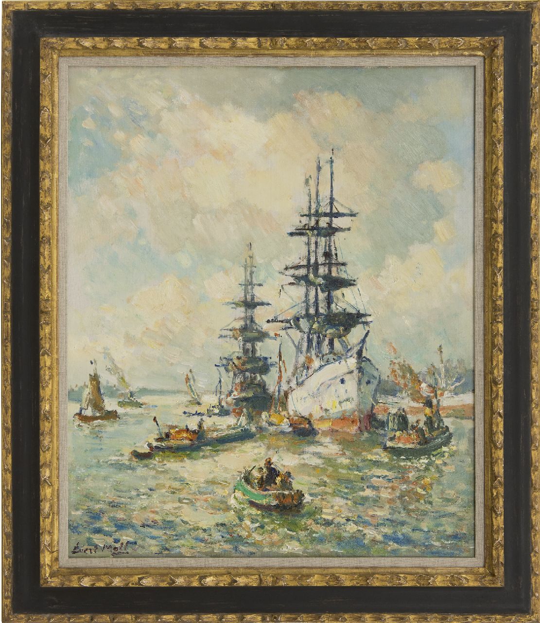 Moll E.  | Evert Moll | Gemälde zum Verkauf angeboten | Dreimaster im Rotterdamer Hafen, Öl auf Leinwand 60,2 x 50,2 cm, Unterzeichnet u.l.