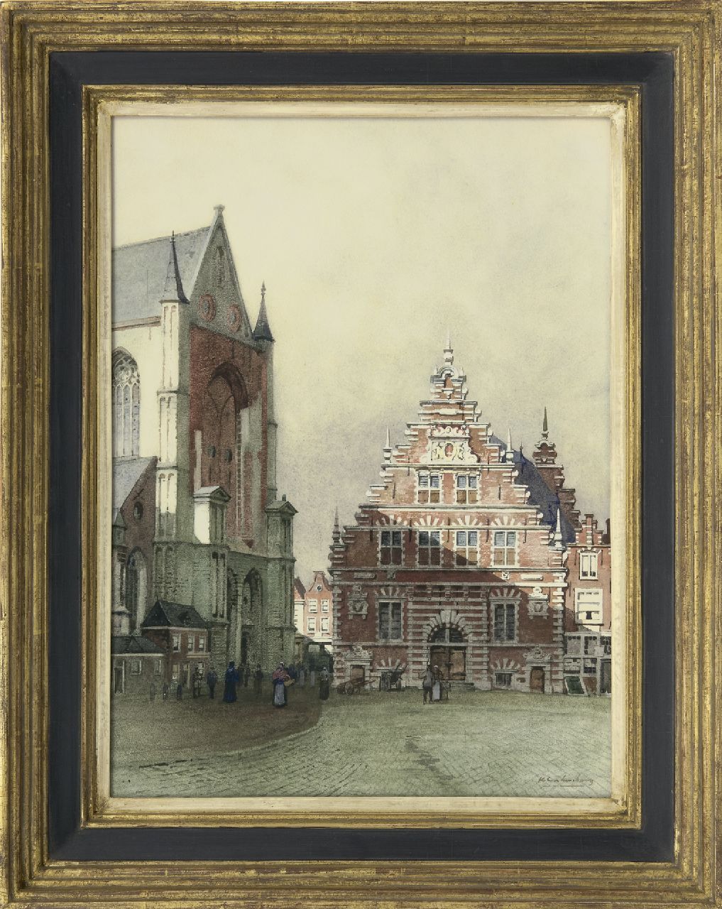 Klinkenberg J.C.K.  | Johannes Christiaan Karel Klinkenberg, Der Grote Markt mit der Vleeshal in Haarlem, Aquarell auf Papier 46,0 x 34,0 cm, Unterzeichnet u.r.