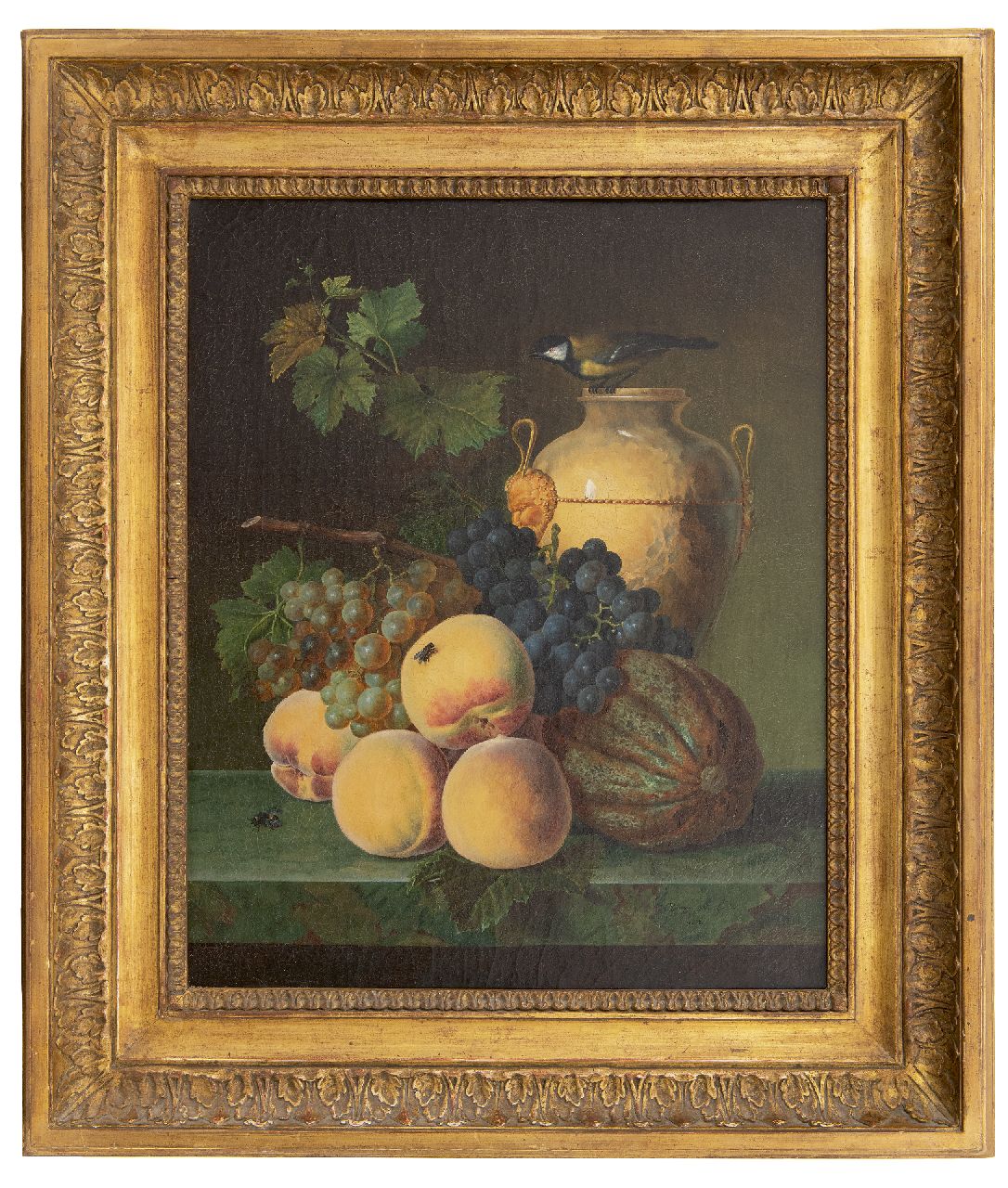 Génin O.M.  | Olympe Mouette Génin | Gemälde zum Verkauf angeboten | Stilleben mit Pfirsichen, Krug und Vögelchen, Öl auf Leinwand 49,0 x 39,9 cm, Unterzeichnet u.r. und datiert 1818