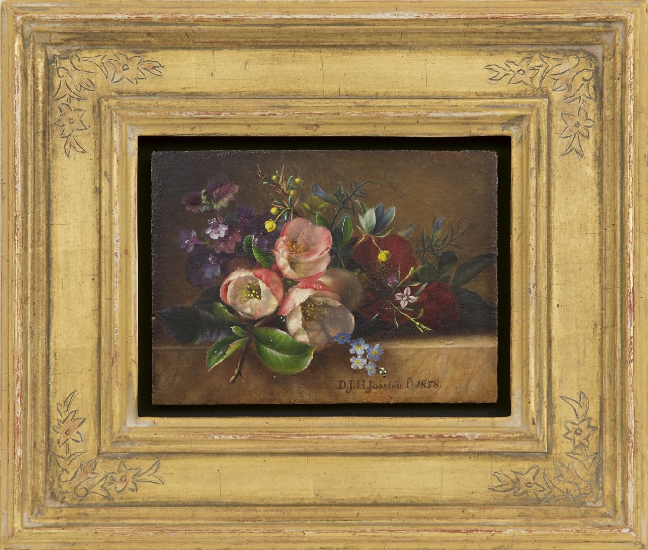 Joosten D.J.H.  | Dirk Jan Hendrik Joosten, Blumen auf einer Plinthe, Öl auf Holz 9,5 x 13,0 cm, Unterzeichnet u.m. und datiert 1858