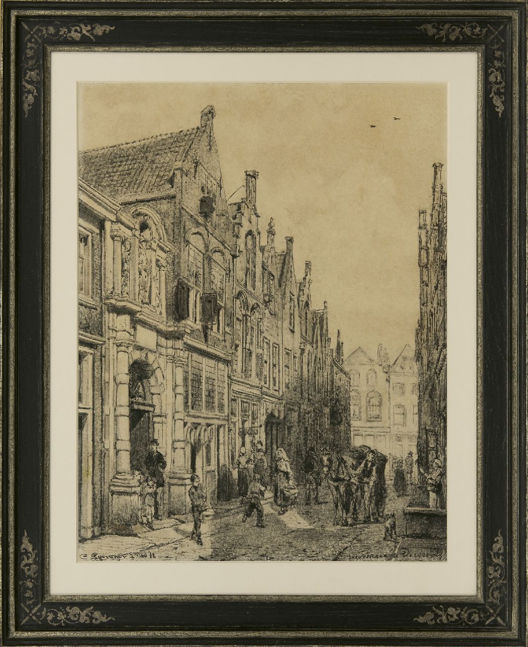 Springer C.  | Cornelis Springer, Die Vriesestrasse in Dordrecht mit dem Eingang der Gemeindeschule, Holzkohle  auf Papier 50,7 x 39,6 cm, Unterzeichnet u.l. und datiert 1 Nov. '82