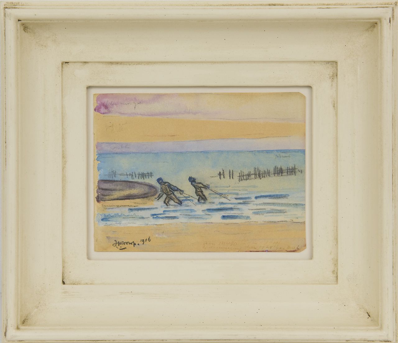 Toorop J.Th.  | Johannes Theodorus 'Jan' Toorop, Garnelenfischer, Seeland, Schwarze Kreide und Aquarell auf Papier 11,4 x 15,1 cm, Unterzeichnet u.l. und datiert 1916