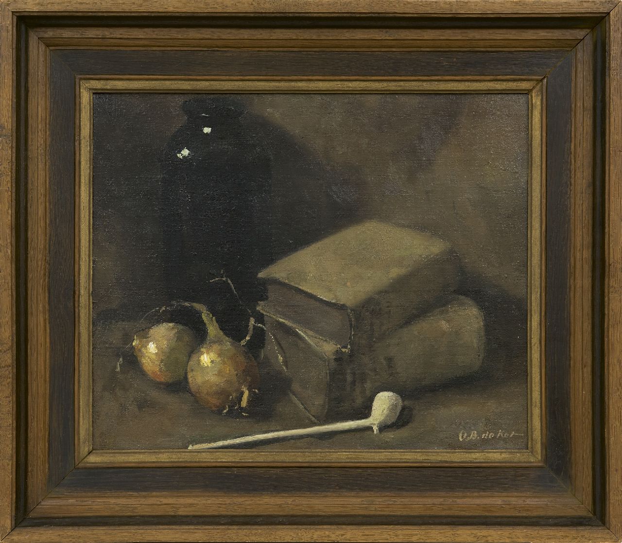 Kat O.B. de | 'Otto' Boudewijn de Kat, Stilleben mit Büchern, zwei Zwiebeln und einer Tonpfeife, Öl auf Leinwand 34,5 x 42,2 cm, Unterzeichnet u.r.