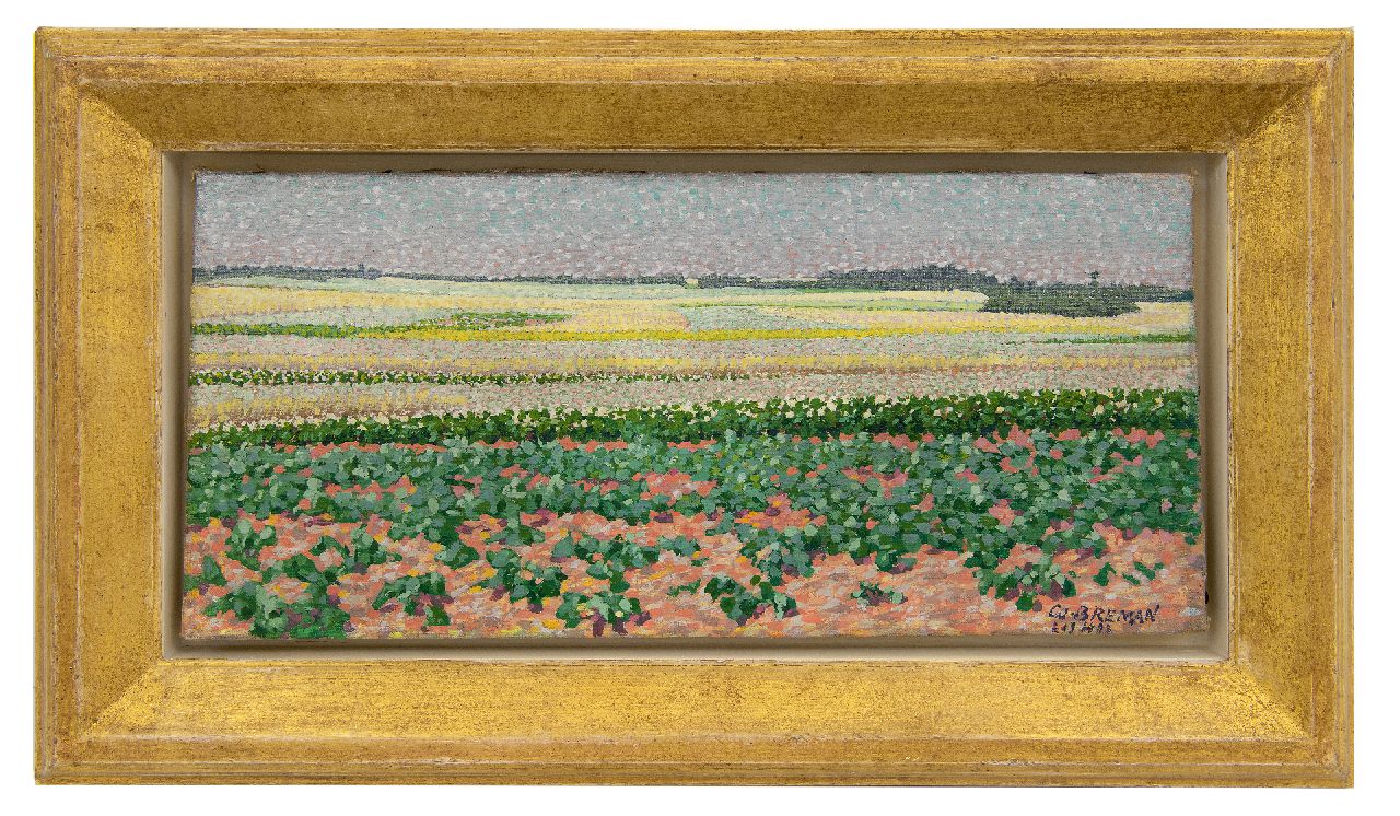 Breman A.J.  | Ahazueros Jacobus 'Co' Breman | Gemälde zum Verkauf angeboten | Sommerlandschaft mit Kartoffel- und Buchweizenfeldern in der Gegend Gooi, Öl auf Leinwand 18,7 x 40,5 cm, Unterzeichnet u.r. und datiert 'L 1 7 1903'