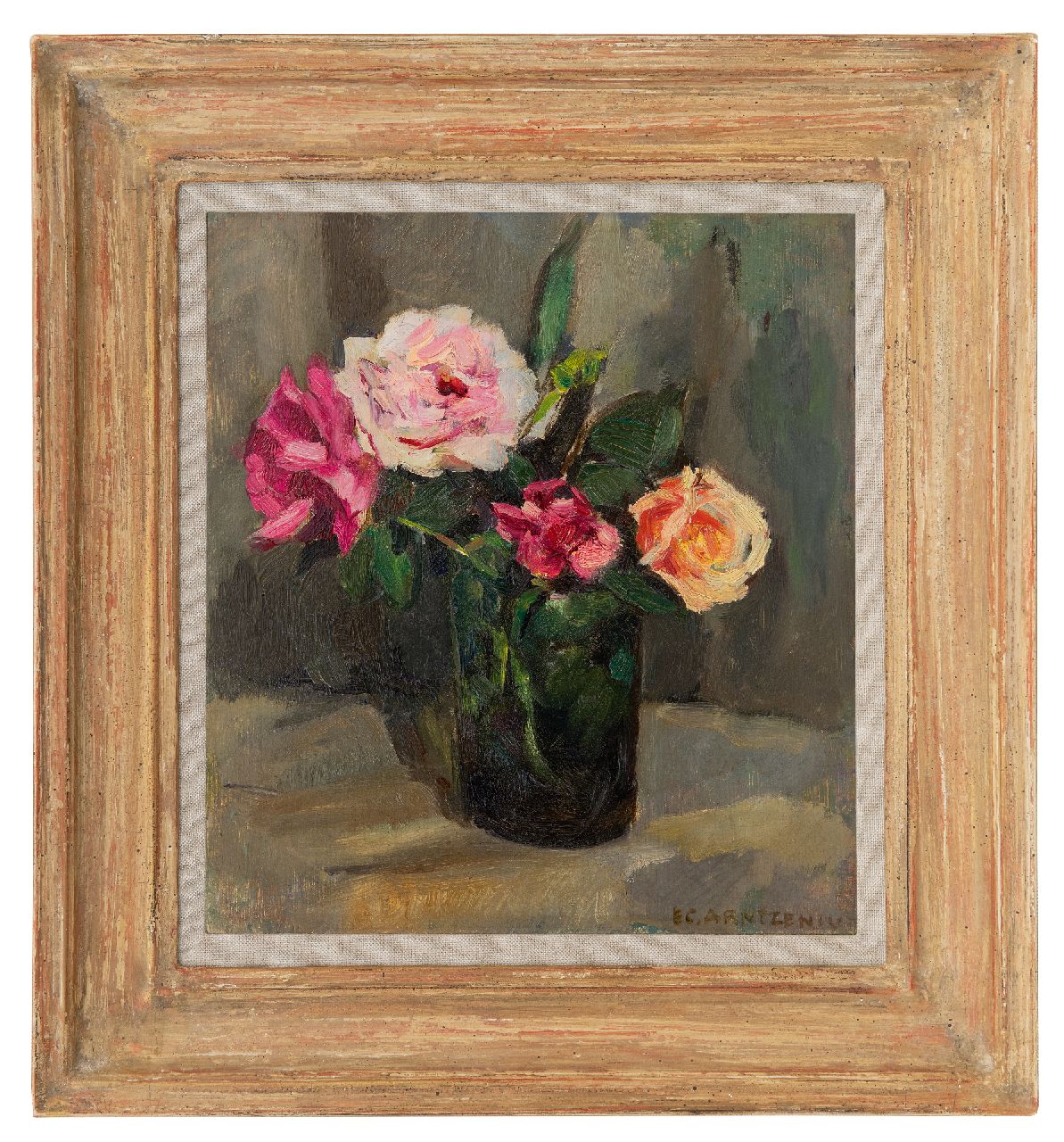 Arntzenius E.C.  | Elise Claudine Arntzenius, Rosen in einer grünen Glasvase, Öl auf Holz 25,9 x 24,0 cm, Unterzeichnet u.r.