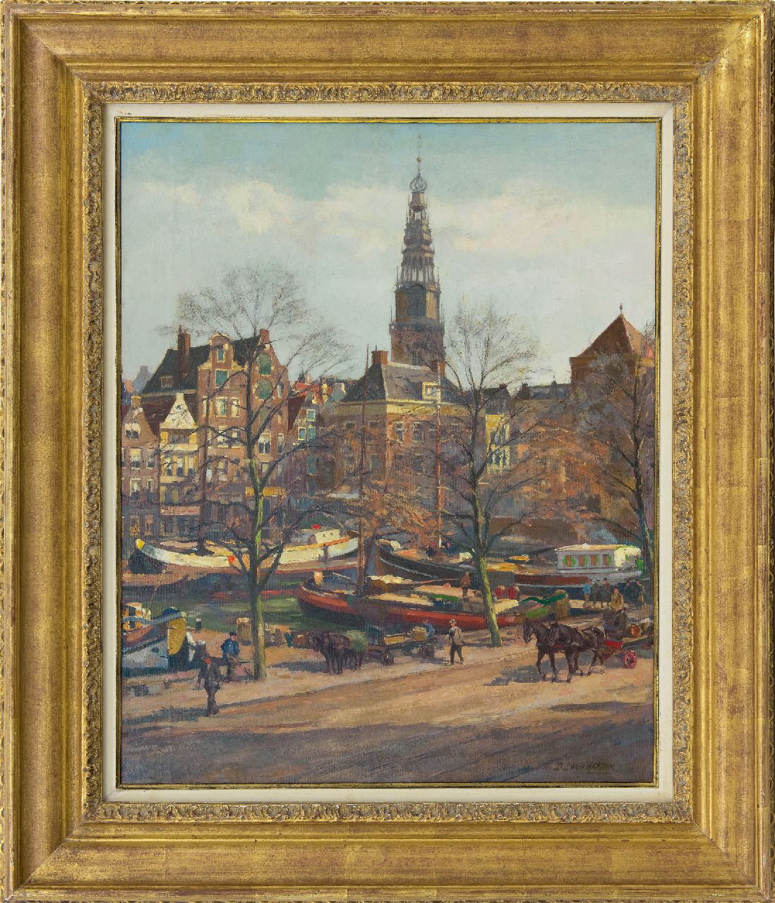 Haaren D.J. van | 'Dirk' Johannes van Haaren | Gemälde zum Verkauf angeboten | Stadtansicht von Amsterdam mit dem Oudekerkstoren, Öl auf Leinwand 58,1 x 47,0 cm, Unterzeichnet u.r.