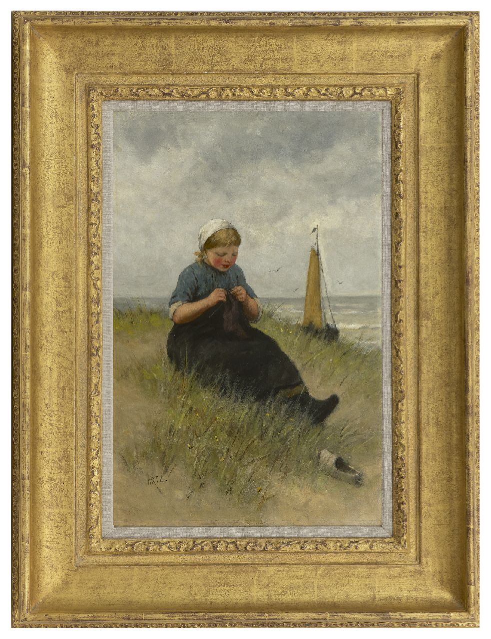 Artz D.A.C.  | David Adolphe Constant Artz, Junge Strickerin in den Dünen, Öl auf Leinwand 54,3 x 36,1 cm, Unterzeichnet u.l.