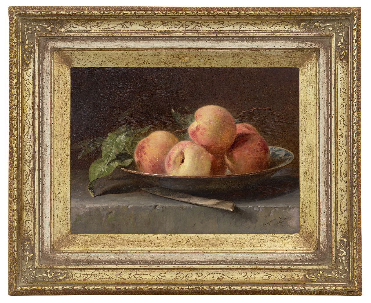 Haanen A.J.  | Adriana Johanna Haanen | Gemälde zum Verkauf angeboten | Pfirsiche in einer Schale auf einem Steinsockel, Öl auf Holz 23,4 x 32,0 cm, Unterzeichnet u.r. mit Initialen