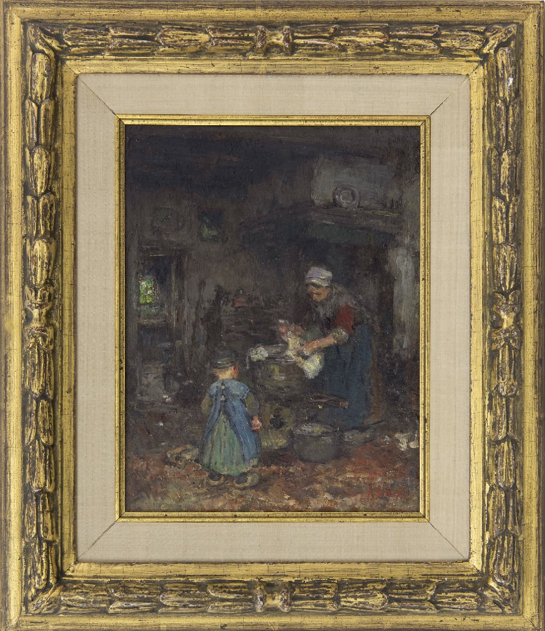 Briët A.H.C.  | 'Arthur' Henri Christiaan Briët | Gemälde zum Verkauf angeboten | Bauerninteriör mit Mutter und Kind, Öl auf Holzfaser auf Holz 29,1 x 22,6 cm, Unterzeichnet u.r.
