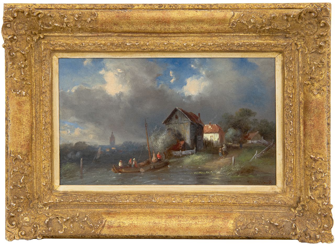 Leickert C.H.J.  | 'Charles' Henri Joseph Leickert, Die Fähre, Öl auf Holz 15,3 x 25,5 cm, Unterzeichnet r.u.