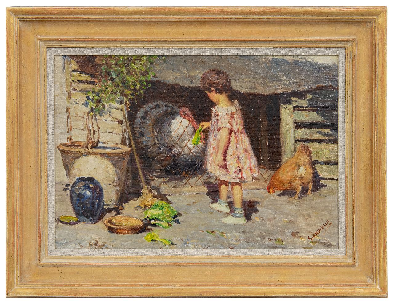 Giardiello G.  | Giuseppe Giardiello, Mädchen mit Truthuhn, Öl auf Leinwand 34,5 x 50,5 cm, Unterzeichnet u.r.