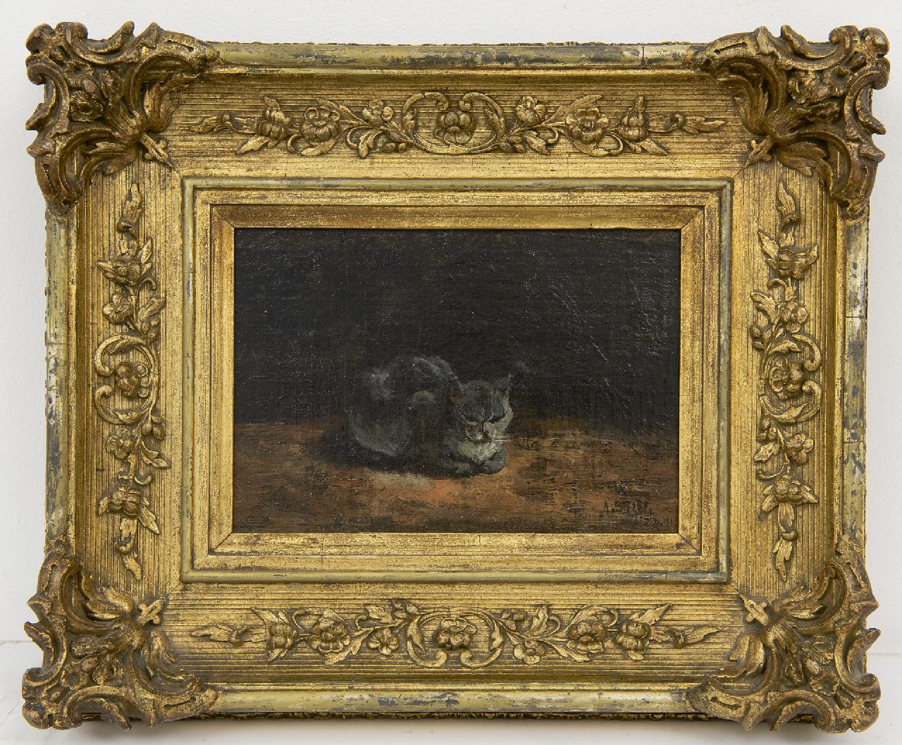 Briët A.H.C.  | 'Arthur' Henri Christiaan Briët, Schlafende graue Katze, Öl auf Leinwand auf Holz 13,0 x 20,8 cm, Unterzeichnet u.r.