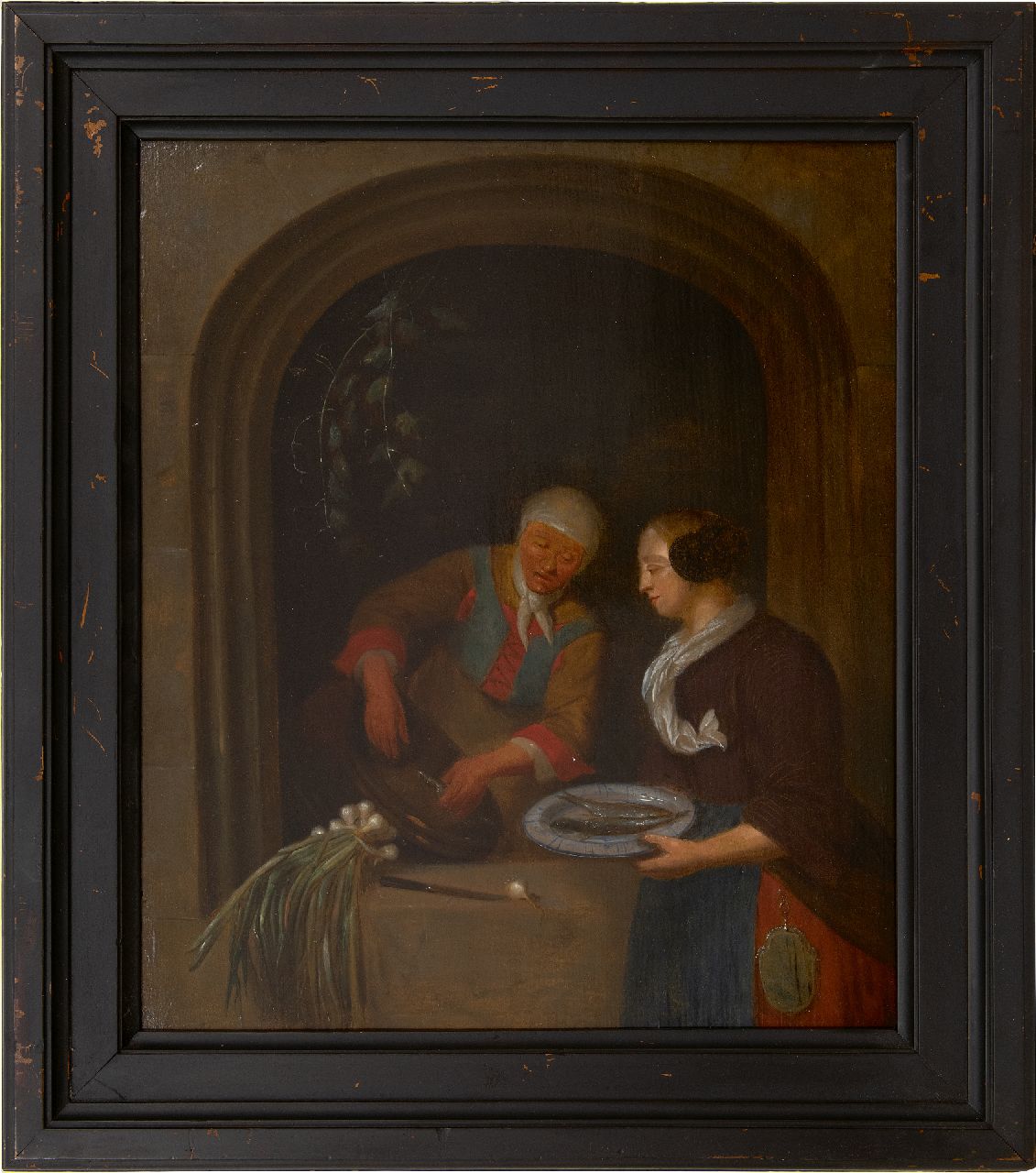 Noord-Nederlandse School, begin 18e eeuw   | Noord-Nederlandse School, begin 18e eeuw | Gemälde zum Verkauf angeboten | Die Heringsverkäuferin, Öl auf Holz 49,2 x 41,7 cm