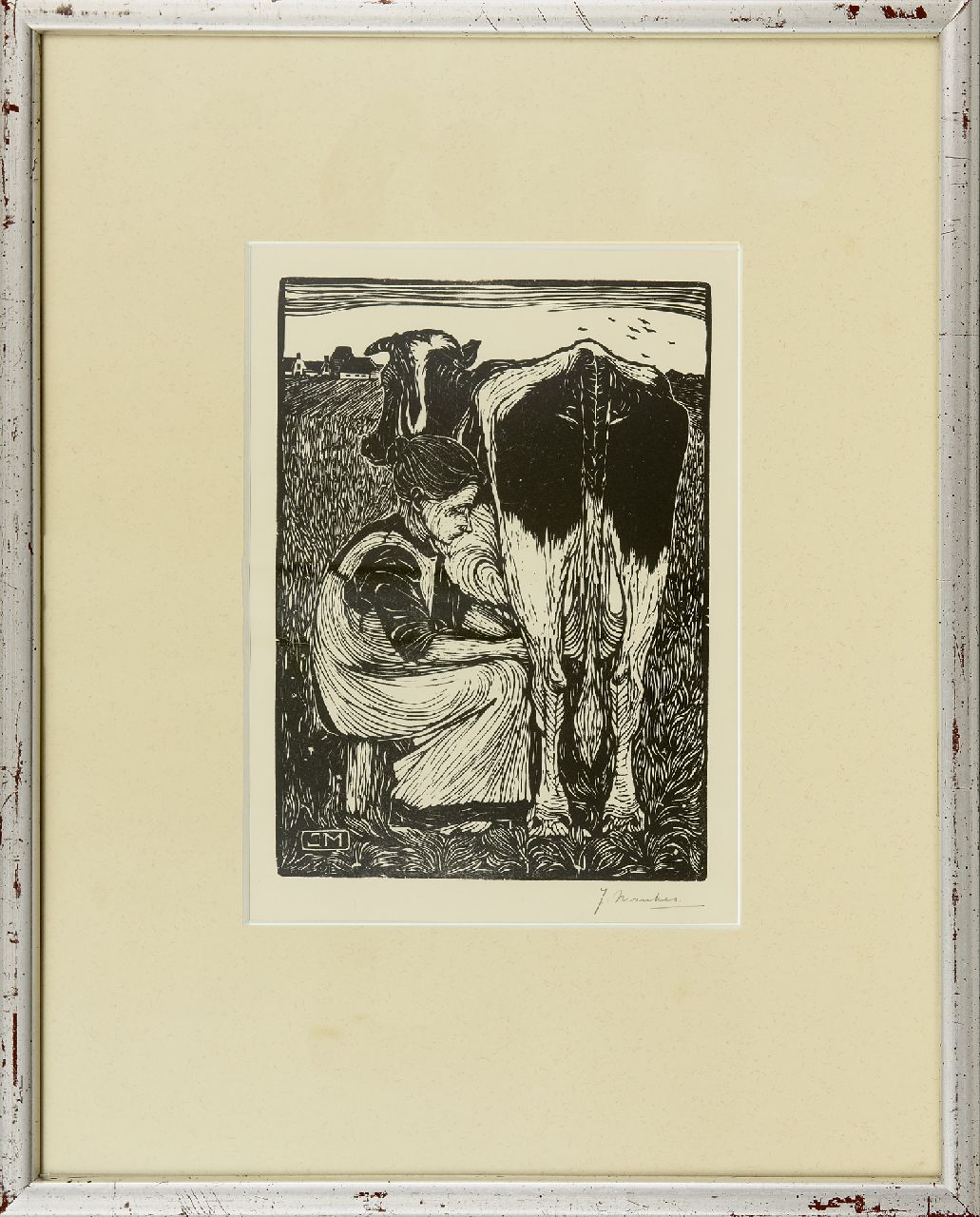 Mankes J.  | Jan Mankes, Bäuerin die eine Kuh melkt, Holzstich auf Papier 22,0 x 16,0 cm, Unterzeichnet u.r. (in Bleistift) und zum datieren 1914
