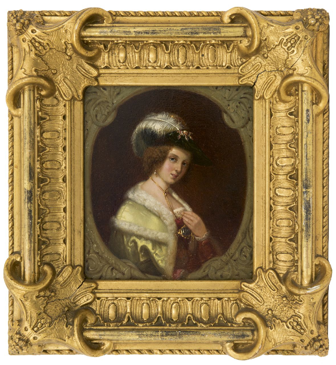 Waldorp A.  | Antonie Waldorp, Porträt einer Frau in reicher Aufmachung, Öl auf Holz 19,0 x 16,2 cm, Unterzeichnet u.r. mit Initialen