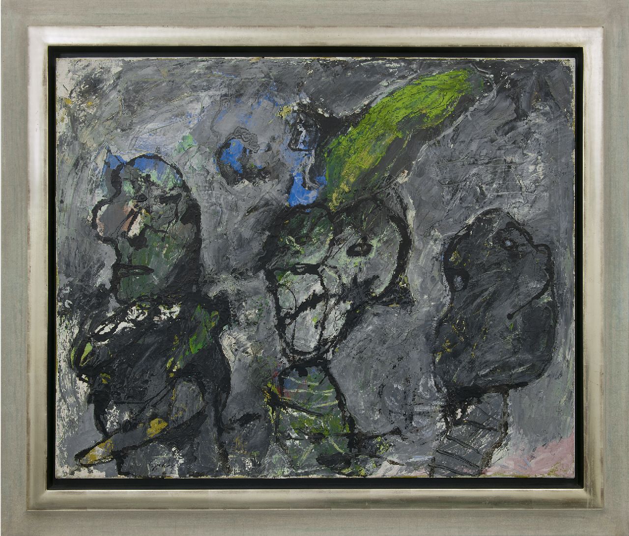 Lucebert (Lubertus Jacobus Swaanswijk)   | Lucebert (Lubertus Jacobus Swaanswijk) | Gemälde zum Verkauf angeboten | Drei Figuren, Öl auf Leinwand 80,2 x 100,3 cm, Unterzeichnet u.l. und datiert '62 und im Verso 62/11