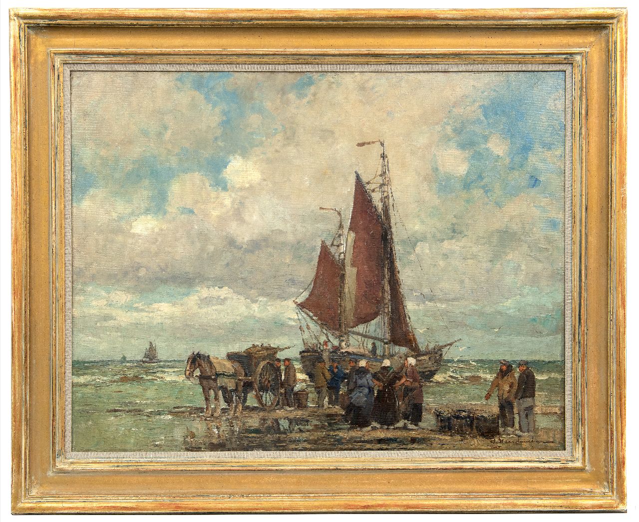 Hambüchen W.  | Wilhelm Hambüchen, 'Bomschiff' und Fischer auf dem Strand von Katwijk, Öl auf Leinwand 60,2 x 80,4 cm, Unterzeichnet u.r. und ohne Rahmen