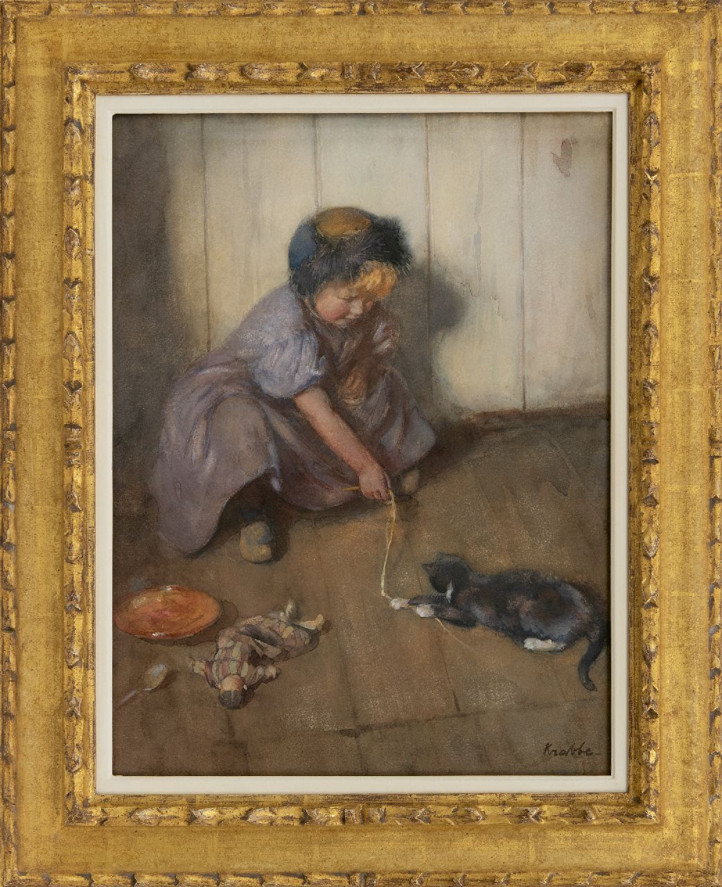 Krabbé H.M.  | Heinrich Martin Krabbé | Aquarelle und Zeichnungen zum Verkauf angeboten | Spiel mit der Katze, Aquarell auf Papier 47,5 x 36,0 cm, Unterzeichnet u.r. und zu datieren 1906-1916