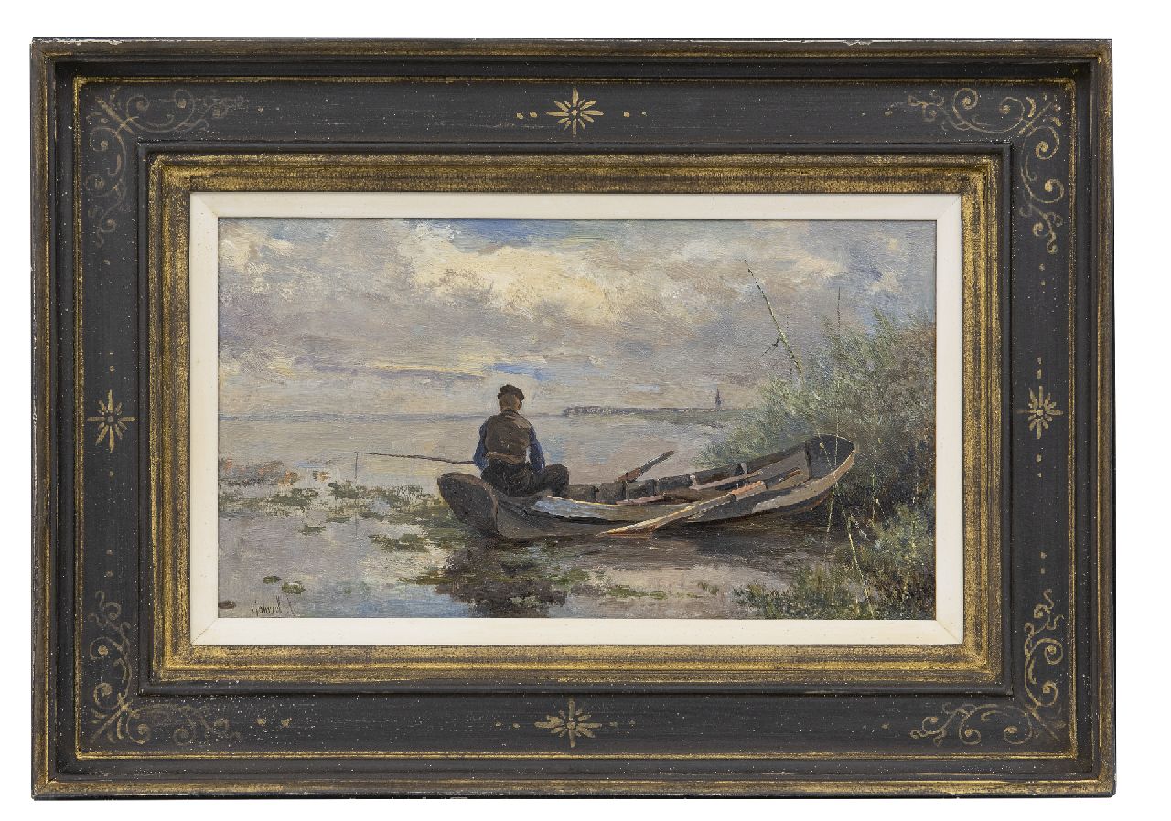Gabriel P.J.C.  | Paul Joseph Constantin 'Constan(t)' Gabriel, Polderlandschaft mit Angler in einem Boot, Öl auf Holz 18,9 x 32,7 cm, Unterzeichnet u.l.