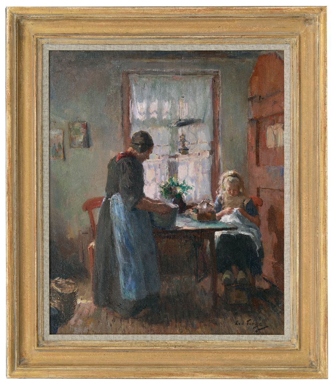 Tonge L.L. van der | 'Lammert' Leire van der Tonge | Gemälde zum Verkauf angeboten | Innenraum aus Laren mit Mädchen bei der Nadelarbeit, Öl auf Leinwand 54,3 x 45,2 cm, Unterzeichnet u.r.