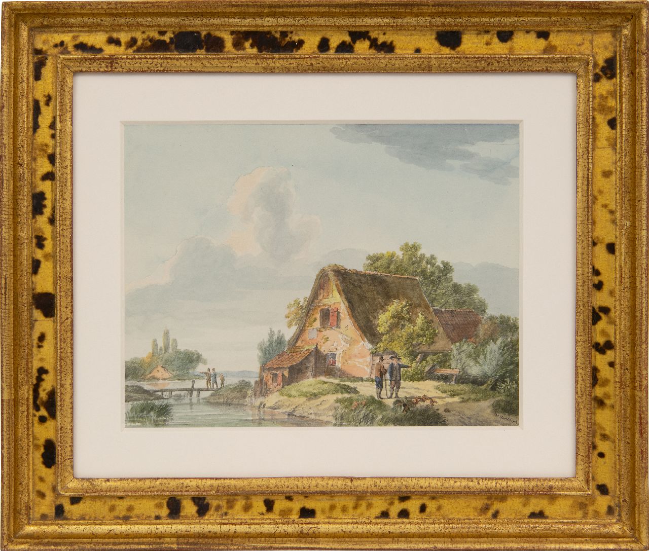 Koekkoek B.C.  | Barend Cornelis Koekkoek | Aquarelle und Zeichnungen zum Verkauf angeboten | Figuren bei einem Bauernhaus am Fluss, Aquarell auf Papier 14,7 x 19,4 cm, Unterzeichnet u.r.